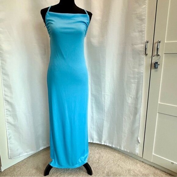 Blue ribbed spaghetti strap draped cowl neck open crisscross back ruched dress M - Picture 3 of 13